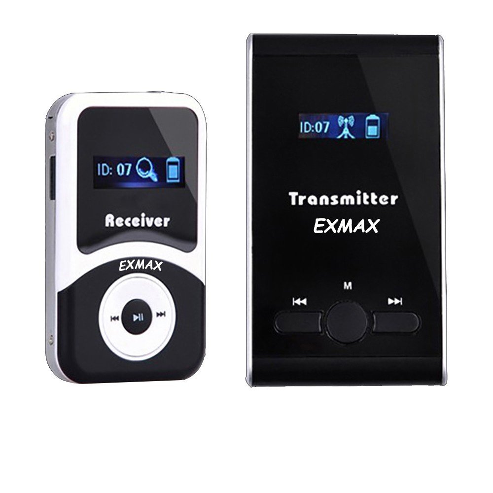 EXMAX ATG-100T 195-230MHz Wireless Tour Guide Monitoring System Microphone Earphone Headset for Church Simultaneous Interpreting Teaching Conference Travel Interpretation 1 Transmitter 2 Receivers 